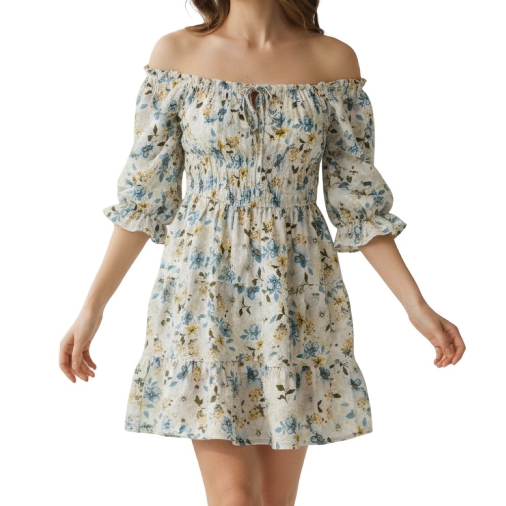Liberty Love Dress 2XL Floral Off Shoulder Ruffle Tiered Blue Yellow Cottagecore